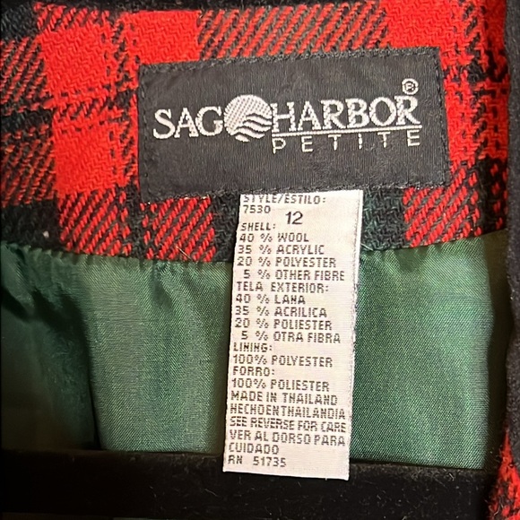 Sag Harbor Petite Size 12 Wool Blend Blazer Plaid Red, Green, with Pockets - Picture 5 of 5